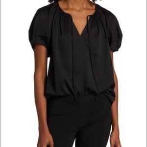 Lafayette 148 New York black pleated puff sleeve blouse